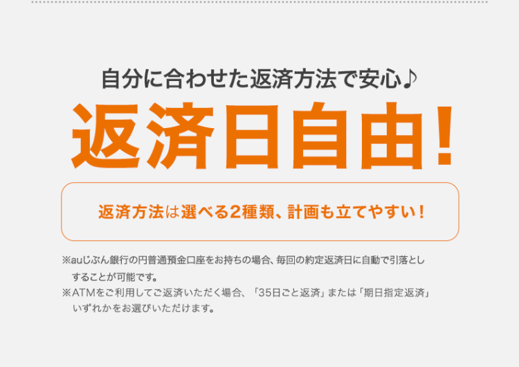 自分に合わせた返済方法で安心♪
返済日自由！
返済方法は選べる2種類、計画も立てやすい！

※ATMをご利用してご返済いただく場合、「35日ごと返済」または「期日指定返済」いずれかをお選びいただけます。