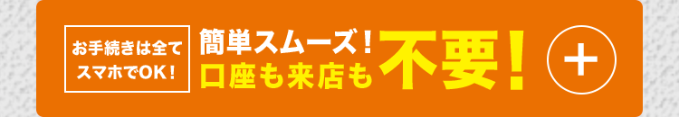 お手続きは全て 簡単スムーズ!
スマホでOK! 口座も来店も
不要! +