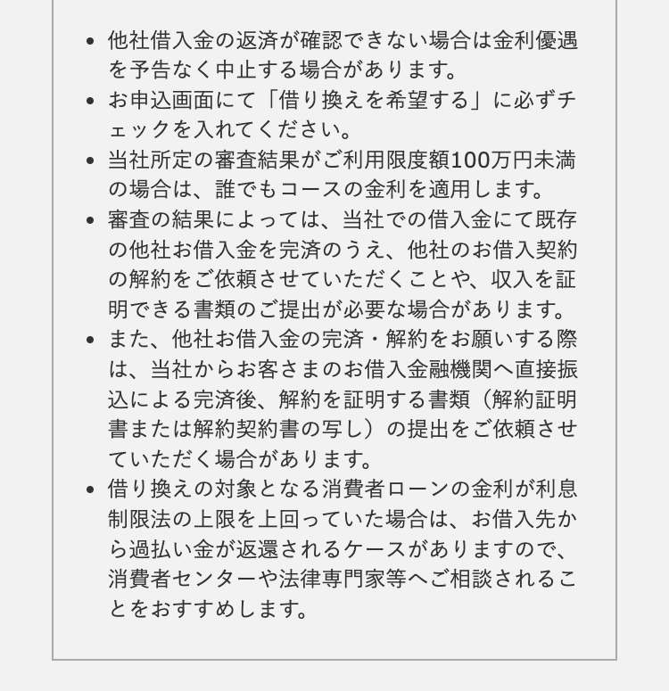 他社借入金の返済が確認できない場合は金利優遇を予告なく中止する場合があります。
お申込画面にて「借り換えを希望する」に必ずチェックを入れてください。
当社所定の審査結果がご利用限度額100万円未満の場合は、誰でもコースの金利を適用します。
審査の結果によっては、当社での借入金にて既存の他社お借入金を完済のうえ、他社のお借入契約の解約をご依頼させていただくことや、収入を証明できる書類のご提出が必要な場合があります。
また、他社お借入金の完済・解約をお願いする際は、当社からお客さまのお借入金融機関へ直接振込による完済後、解約を証明する書類（解約証明書または解約契約書の写し）の提出をご依頼させていただく場合があります。
借り換えの対象となる消費者ローンの金利が利息制限法の上限を上回っていた場合は、お借入先から過払い金が返還されるケースがありますので、消費者センターや法律専門家等へご相談されることをおすすめします。