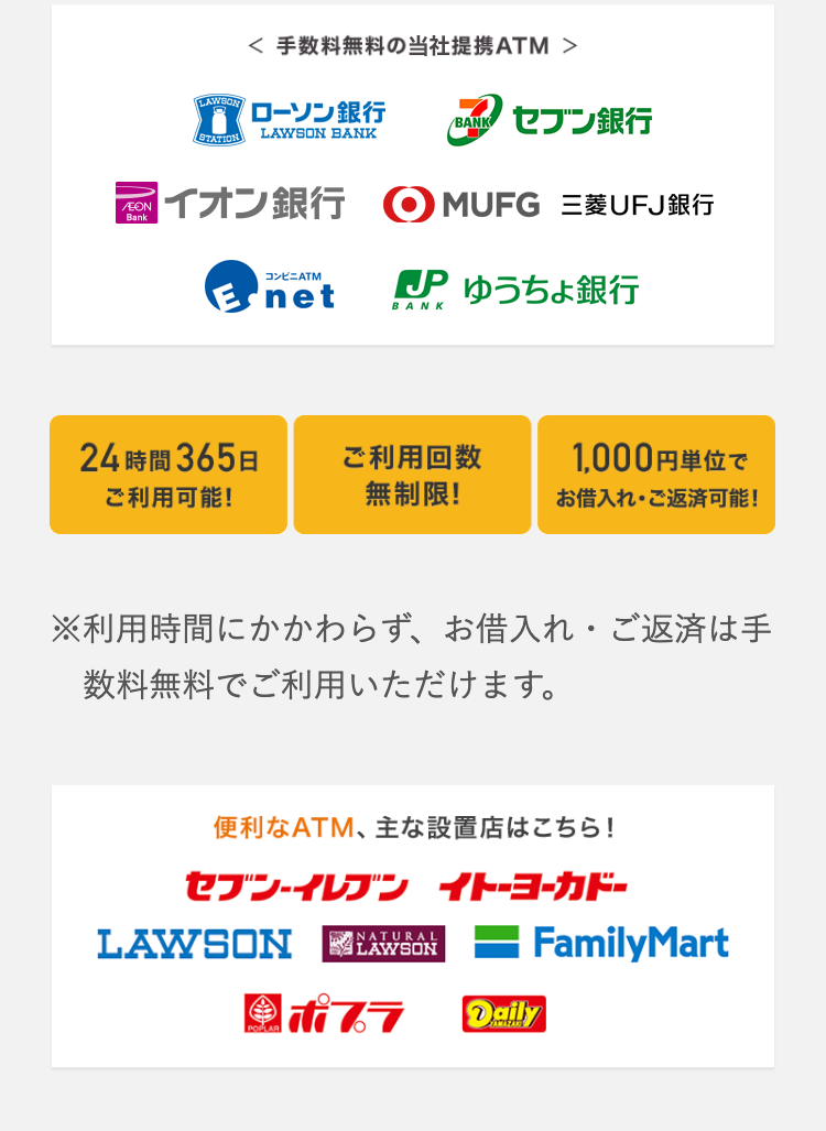 EON
Bank
< 手数料無料の当社提携ATM >
LAWSON
「ローソン銀行
BANK セブン銀行
STATION
LAWSON BANK
イオン銀行 MUFG 三菱UFJ銀行
コンビニATM
Enet
JP ゆうちょ銀行
BANK
24時間365日
ご利用可能!
ご利用回数
無制限!
1,000円単位で
お借入れ・ご返済可能!
※利用時間にかかわらず、 お借入れ ご返済は手
数料無料でご利用いただけます。
便利なATM、 主な設置店はこちら!
セブン-イレブン イトーヨーカドー
LAWSON
NATURAL
LAWSON
POPLAR
ポプラ
: FamilyMart
Daily
YAMAZANS