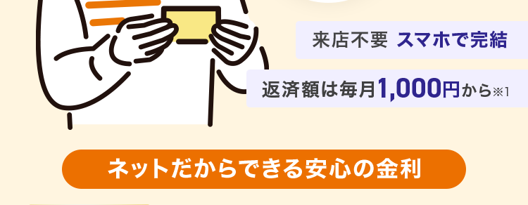au じぶん銀行
借入可能上限額 800万円
au IDをお持ちの方は /
最大年0.5% 金利優遇
複数のローン
ひとつにまとめませんか?
複数の
012345678910
借り入れ
クレジット
カード
リボ払い
来店不要 スマホで完結
返済額は毎月1,000円から1
ネットだからできる安心の金利
au じぶん銀行
借り換えコース 年0.88% 〜年 13.0%
A
誰でもコース 年1.28%~年17.7%
※本商品のご利用にあたっては、 月々のご返済を考えた計画的なご利用をおすすめします。
※ ご利用限度額により適用金利が異なります。
※1 返済額はお借入金額および適用金利によって算出されます。