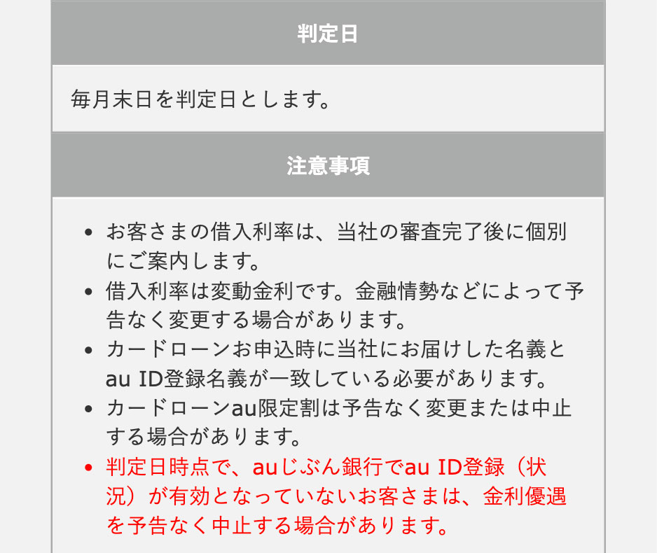 判定日
毎月末日を判定日とします。

注意事項
・お客さまの借入利率は、当社の審査完了後に個別にご案内します。
・借入利率は変動金利です。金融情勢などによって予告なく変更する場合があります。
・カードローンお申込時に当社にお届けした名義とau ID登録名義が一致している必要があります。
・カードローンau限定割は予告なく変更または中止する場合があります。
